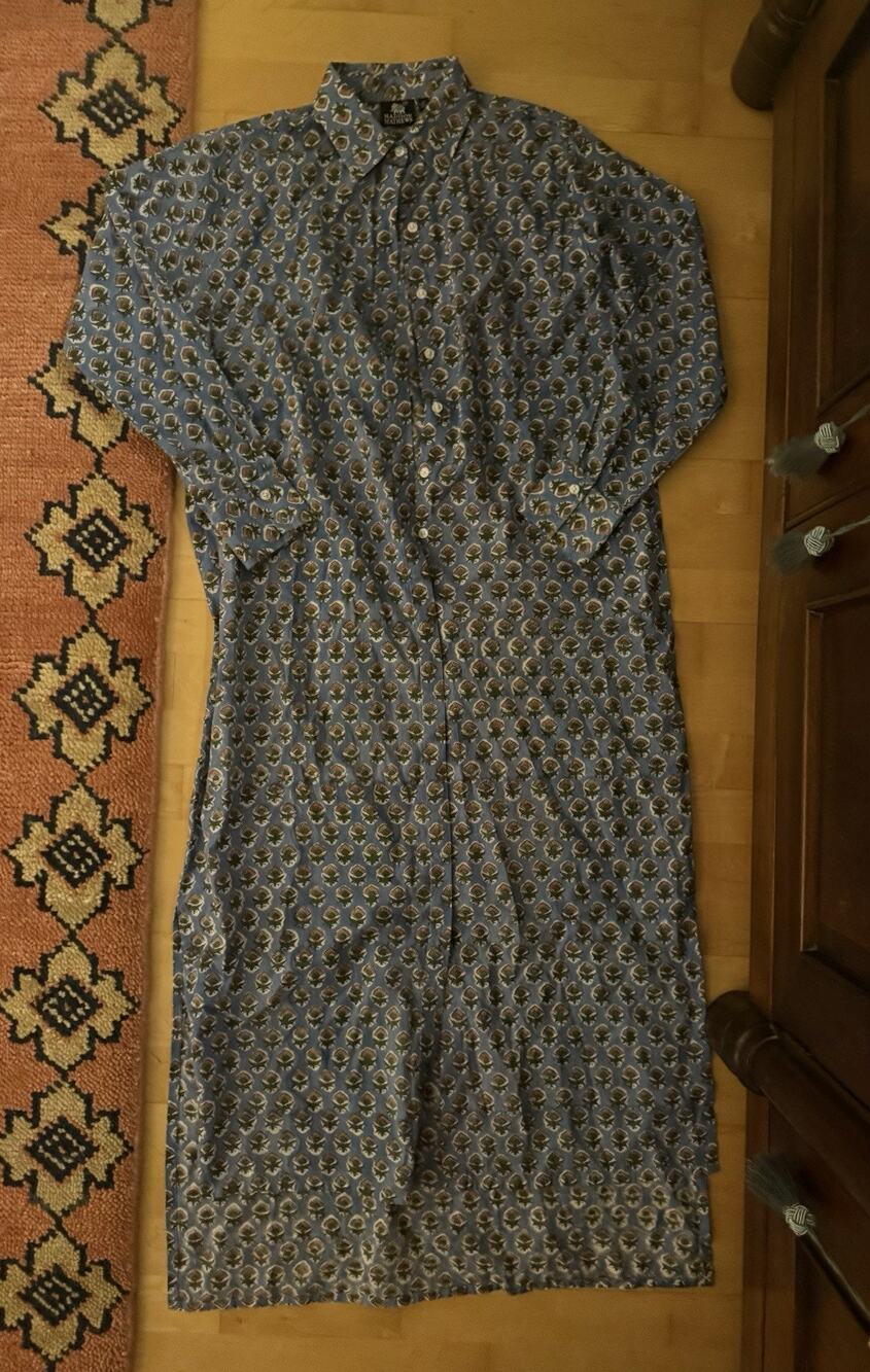 madison mathews elizabeth maxi Blue Block Print Medallion Flower Shirt Dress S